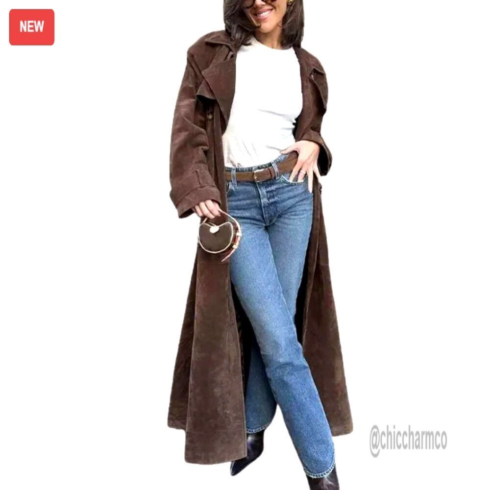 Faux Suede Long Trench Coat Double Breasted Pea Coat Belted Slim Fit